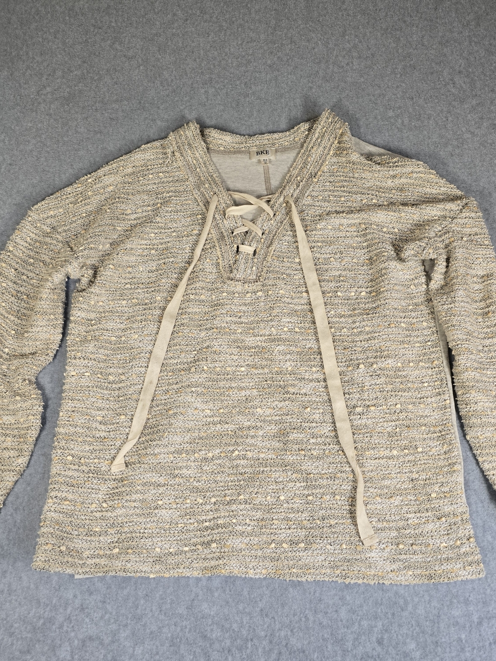 BKE Buckle XS Lace Up Textured Knit Mixed Media Boho Top